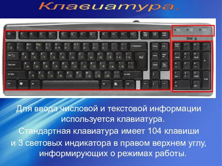 Для ввода числовой и текстовой информации используется клавиатура. Стандартная клавиатура имеет