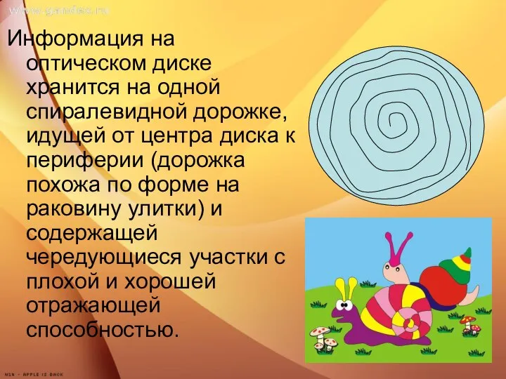 Информация на оптическом диске хранится на одной спиралевидной дорожке, идущей от