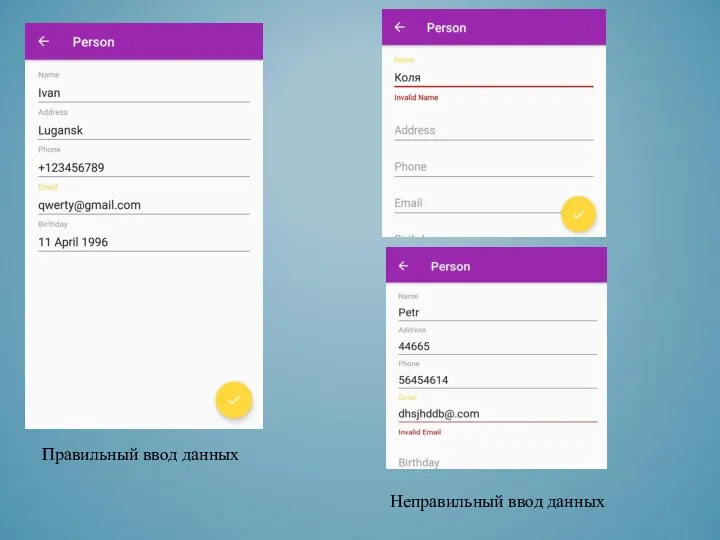 Правильный ввод данных Неправильный ввод данных