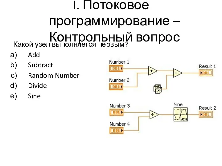 I. Потоковое программирование – Контрольный вопрос Какой узел выполняется первым? Add Subtract Random Number Divide Sine
