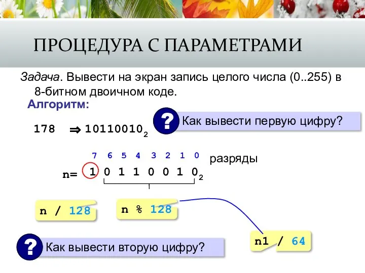 ПРОЦЕДУРА С ПАРАМЕТРАМИ Задача. Вывести на экран запись целого числа (0..255)