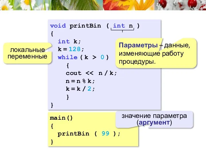 main() { printBin ( 99 ); } значение параметра (аргумент) void