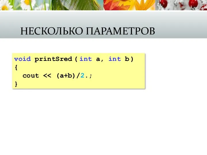 НЕСКОЛЬКО ПАРАМЕТРОВ void printSred ( int a, int b ) { cout }