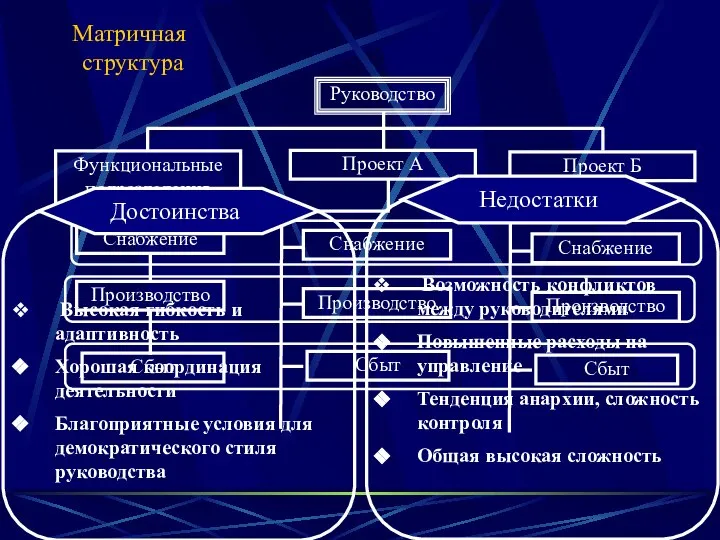 Матричная структура Высокая гибкость и адаптивность Хорошая координация деятельности Благоприятные условия