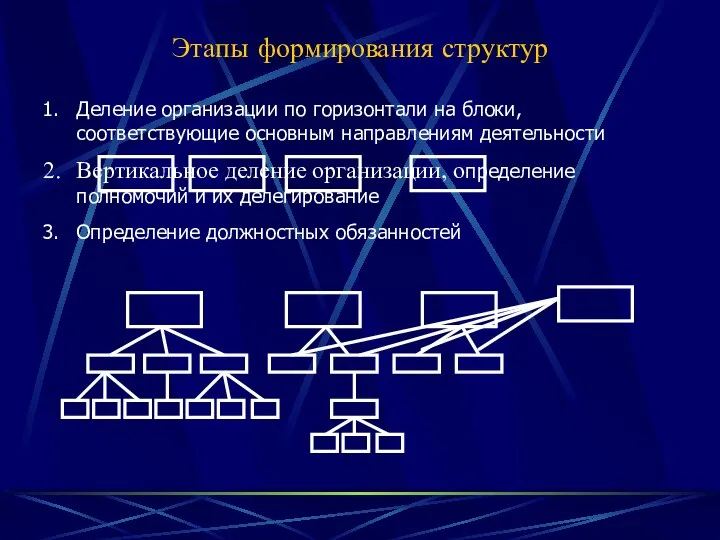 Этапы формирования структур Деление организации по горизонтали на блоки, соответствующие основным