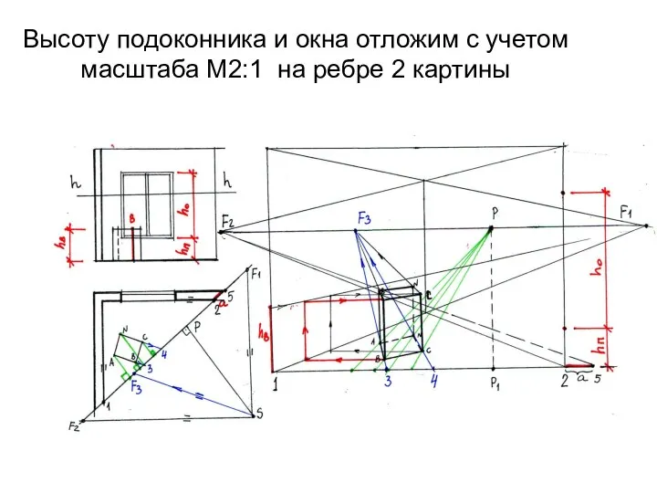 Высоту подоконника и окна отложим с учетом масштаба М2:1 на ребре 2 картины