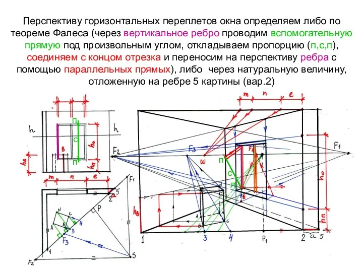 Перспективу горизонтальных переплетов окна определяем либо по теореме Фалеса (через вертикальное