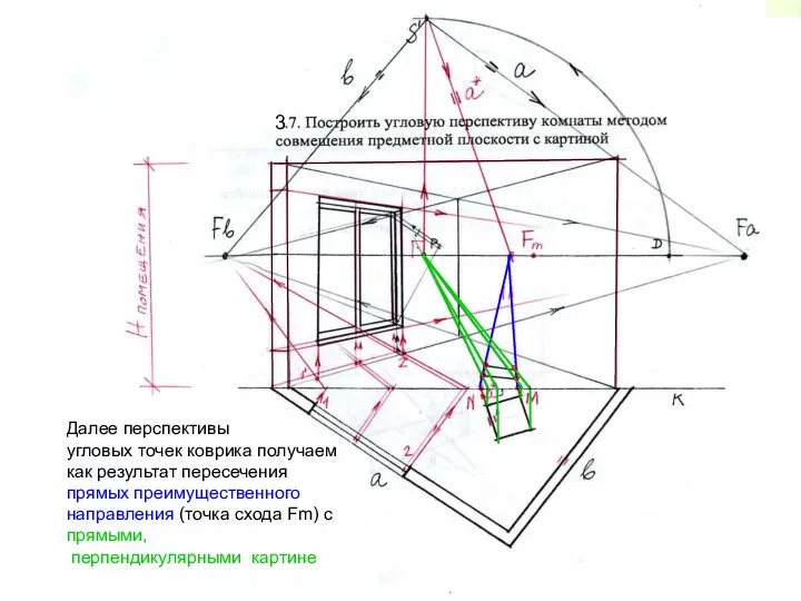 Далее перспективы угловых точек коврика получаем как результат пересечения прямых преимущественного