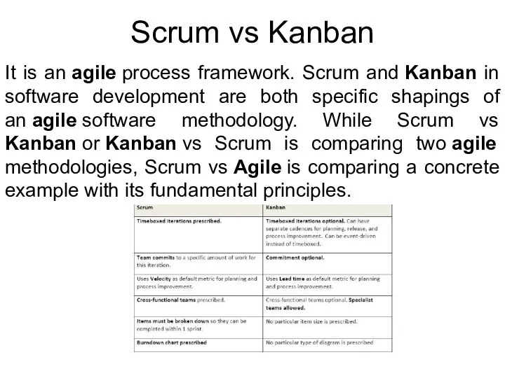 Scrum vs Kanban It is an agile process framework. Scrum and