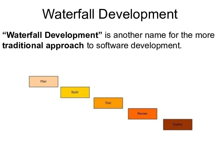 Waterfall Development “Waterfall Development” is another name for the more traditional approach to software development.