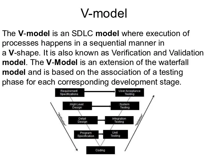 V-model The V-model is an SDLC model where execution of processes