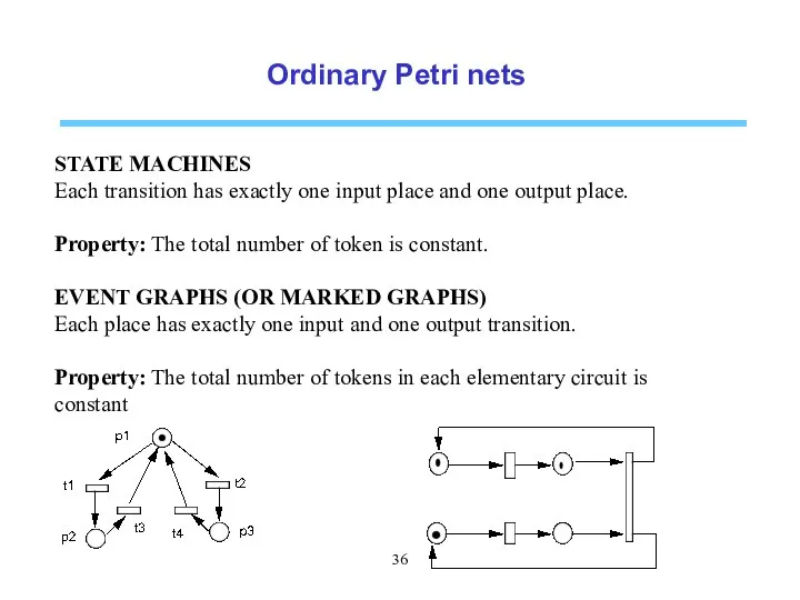 Ordinary Petri nets STATE MACHINES Each transition has exactly one input