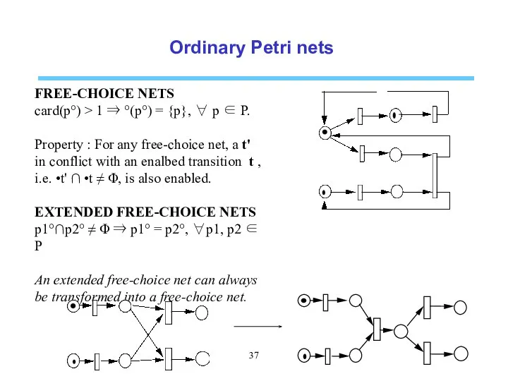 Ordinary Petri nets FREE-CHOICE NETS card(p°) > 1 ⇒ °(p°) =