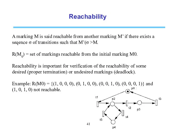 Reachability A marking M is said reachable from another marking M’
