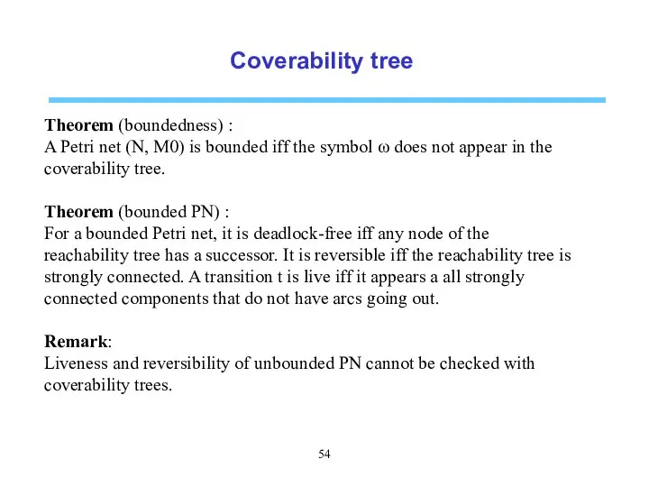 Coverability tree Theorem (boundedness) : A Petri net (N, M0) is