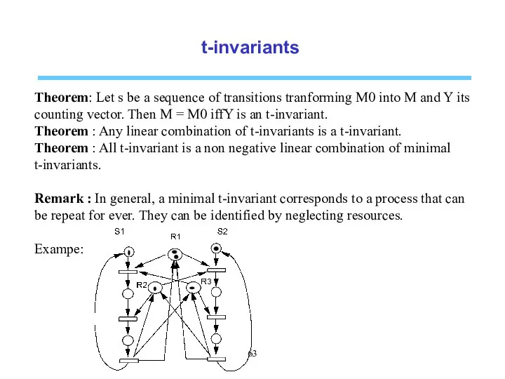 t-invariants Theorem: Let s be a sequence of transitions tranforming M0