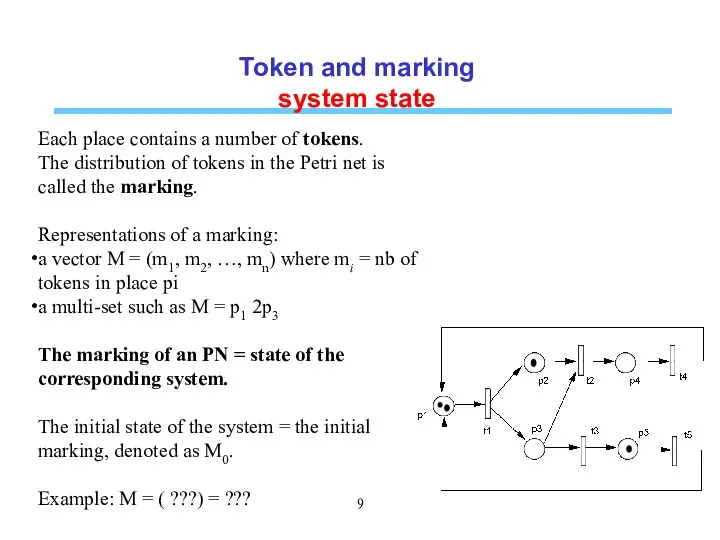 Token and marking system state Each place contains a number of