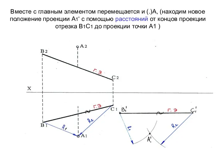 Вместе с главным элементом перемещается и (.)А, (находим новое положение проекции