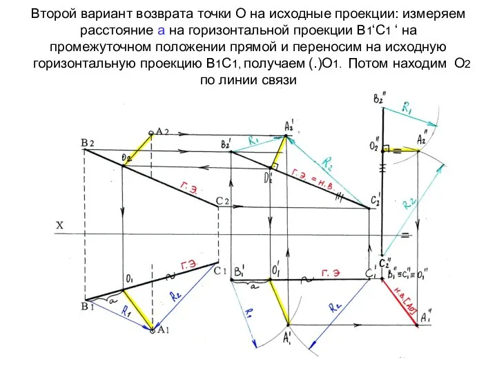 Второй вариант возврата точки О на исходные проекции: измеряем расстояние а