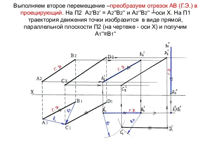 Выполняем второе перемещение –преобразуем отрезок АВ (Г.Э.) в проецирующий. На П2