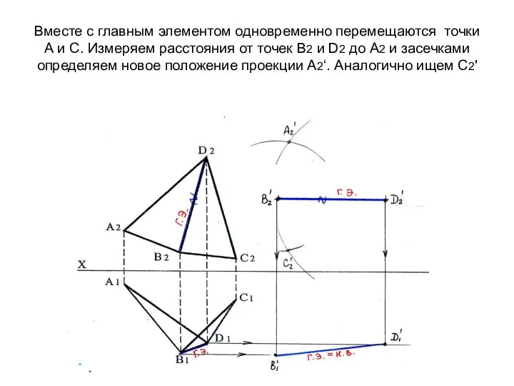 Вместе с главным элементом одновременно перемещаются точки А и С. Измеряем