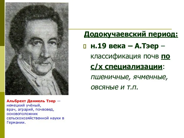 Додокучаевский период: н.19 века – А.Тэер – классификация почв по с/х