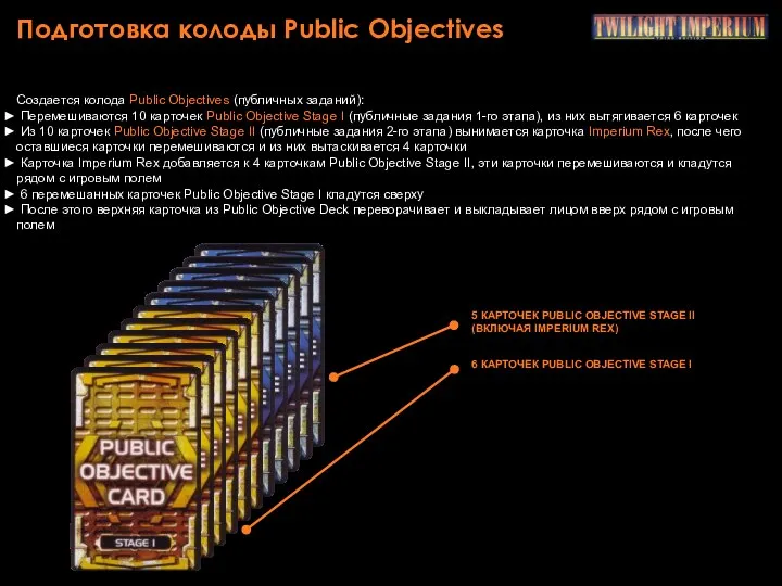 Подготовка колоды Public Objectives Создается колода Public Objectives (публичных заданий): Перемешиваются