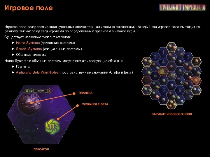 Игровое поле Игровое поле создается из шестиугольных элементов, называемых гексагонами. Каждый