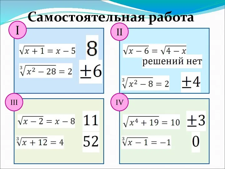 Самостоятельная работа I III II IV