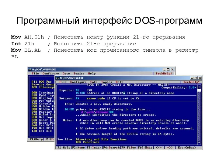 Программный интерфейс DOS-программ Mov AH,01h ; Поместить номер функции 21-го прерывания