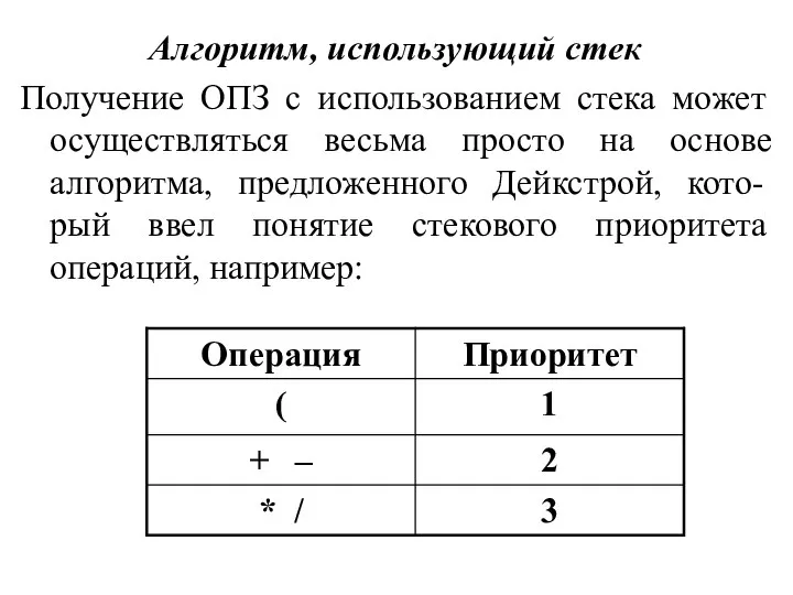 Алгоритм, использующий стек Получение ОПЗ с использованием стека может осуществляться весьма