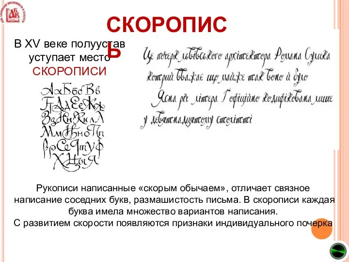 В XV веке полуустав уступает место СКОРОПИСИ Рукописи написанные «скорым обычаем»,