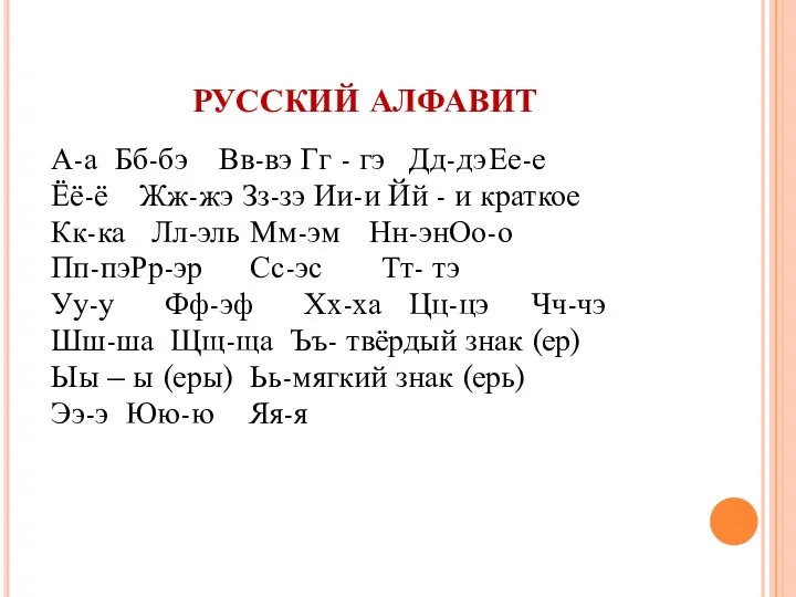 РУССКИЙ АЛФАВИТ А-а Бб-бэ Вв-вэ Гг - гэ Дд-дэ Ее-е Ёё-ё