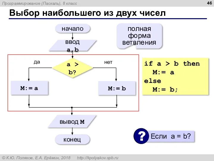 Выбор наибольшего из двух чисел полная форма ветвления if a >