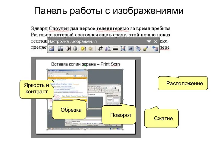 Панель работы с изображениями Яркость и контраст Обрезка Поворот Сжатие Расположение