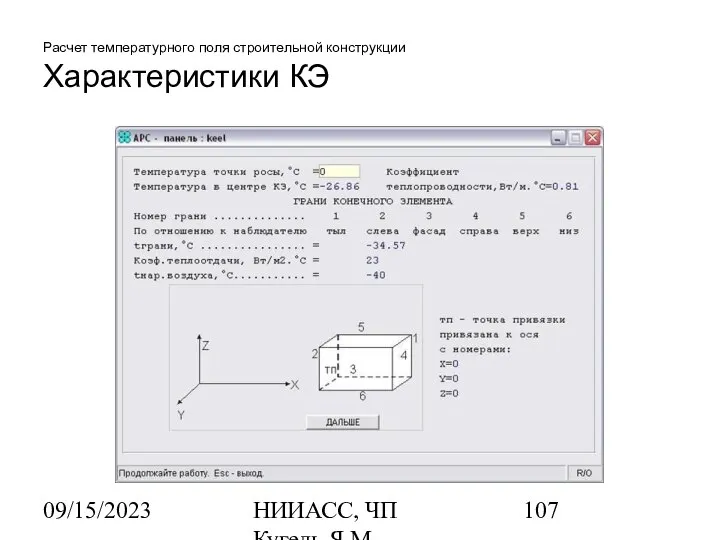 09/15/2023 НИИАСС, ЧП Кугель Я.М. Расчет температурного поля строительной конструкции Характеристики КЭ