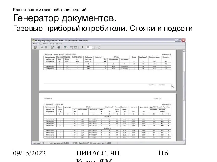 09/15/2023 НИИАСС, ЧП Кугель Я.М. Расчет систем газоснабжения зданий Генератор документов. Газовые приборы/потребители. Стояки и подсети