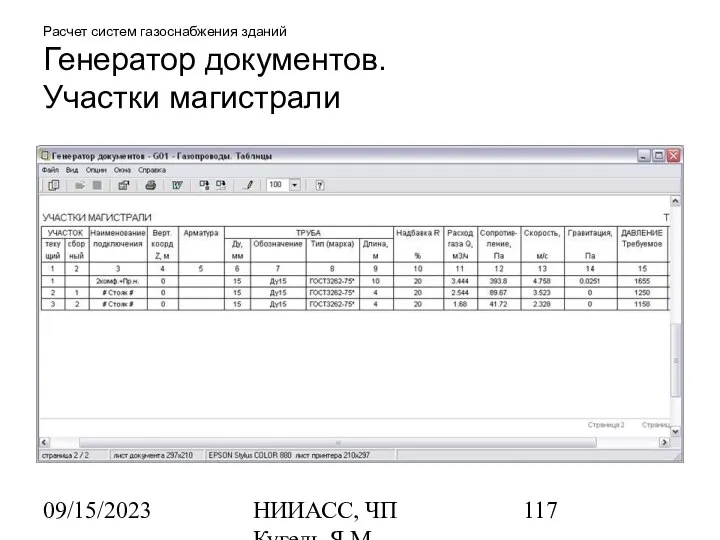 09/15/2023 НИИАСС, ЧП Кугель Я.М. Расчет систем газоснабжения зданий Генератор документов. Участки магистрали