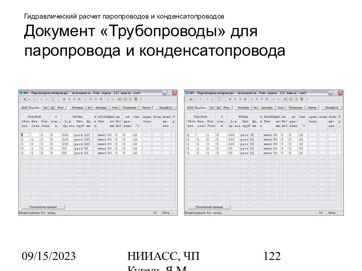 09/15/2023 НИИАСС, ЧП Кугель Я.М. Гидравлический расчет паропроводов и конденсатопроводов Документ «Трубопроводы» для паропровода и конденсатопровода