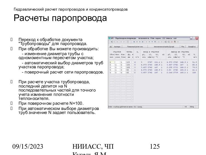 09/15/2023 НИИАСС, ЧП Кугель Я.М. Гидравлический расчет паропроводов и конденсатопроводов Расчеты