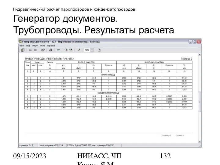 09/15/2023 НИИАСС, ЧП Кугель Я.М. Гидравлический расчет паропроводов и конденсатопроводов Генератор документов. Трубопроводы. Результаты расчета