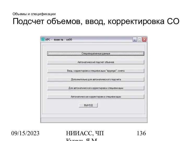 09/15/2023 НИИАСС, ЧП Кугель Я.М. Объемы и спецификации Подсчет объемов, ввод, корректировка СО