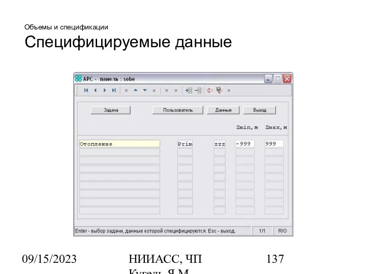 09/15/2023 НИИАСС, ЧП Кугель Я.М. Объемы и спецификации Специфицируемые данные