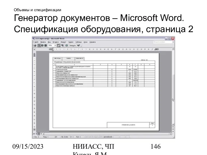 09/15/2023 НИИАСС, ЧП Кугель Я.М. Объемы и спецификации Генератор документов –