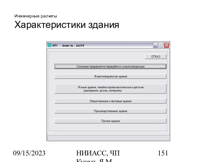 09/15/2023 НИИАСС, ЧП Кугель Я.М. Инженерные расчеты Характеристики здания