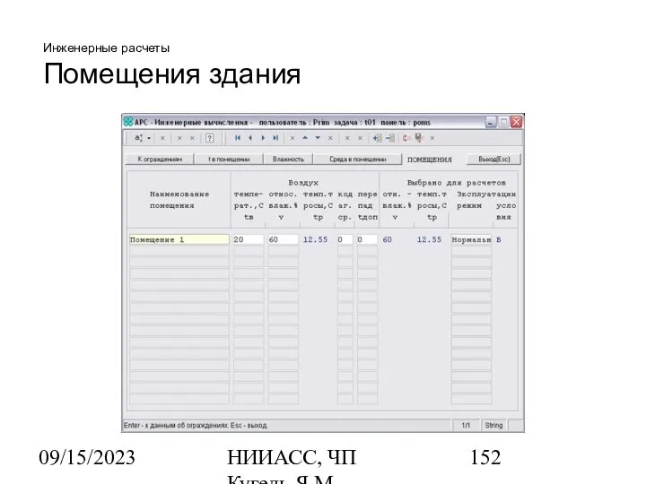 09/15/2023 НИИАСС, ЧП Кугель Я.М. Инженерные расчеты Помещения здания