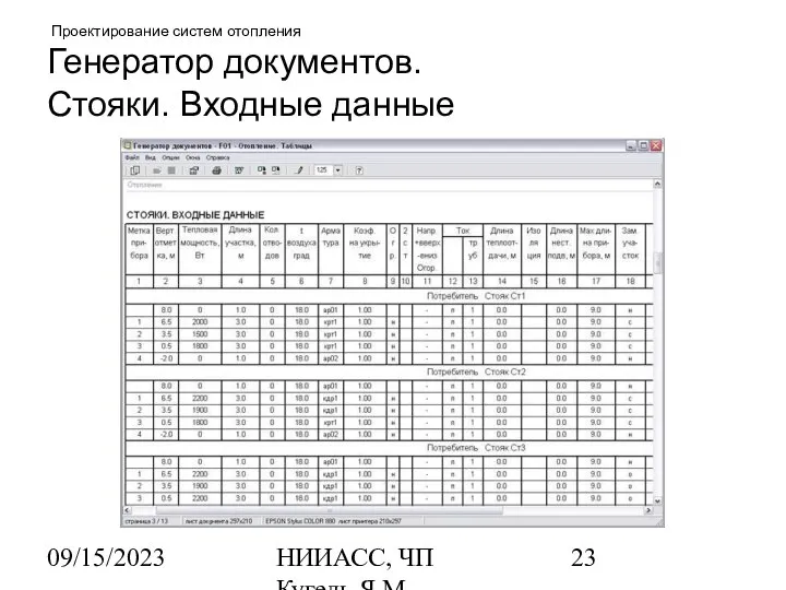 09/15/2023 НИИАСС, ЧП Кугель Я.М. Проектирование систем отопления Генератор документов. Стояки. Входные данные