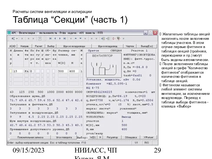 09/15/2023 НИИАСС, ЧП Кугель Я.М. Расчеты систем вентиляции и аспирации Таблица