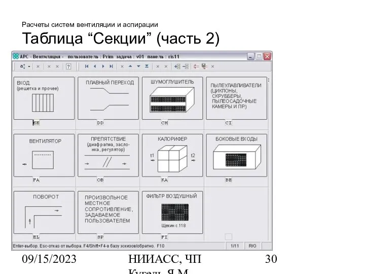 09/15/2023 НИИАСС, ЧП Кугель Я.М. Расчеты систем вентиляции и аспирации Таблица “Секции” (часть 2)