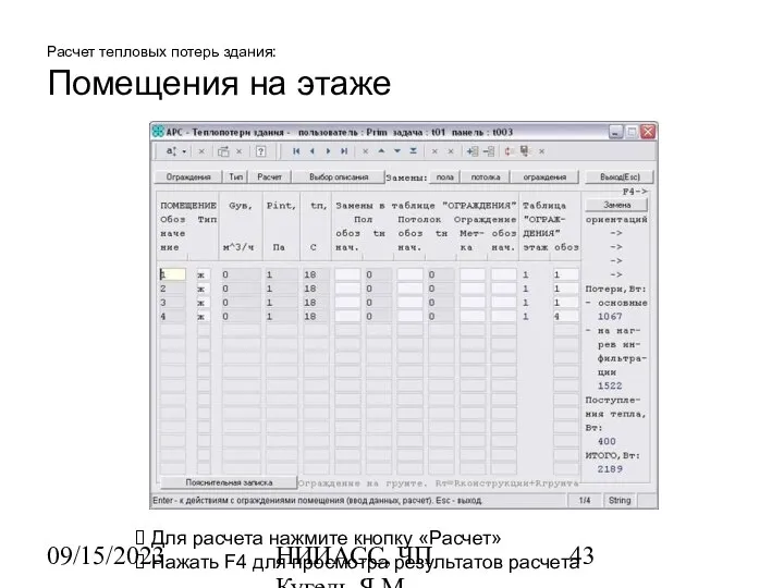 09/15/2023 НИИАСС, ЧП Кугель Я.М. Расчет тепловых потерь здания: Помещения на